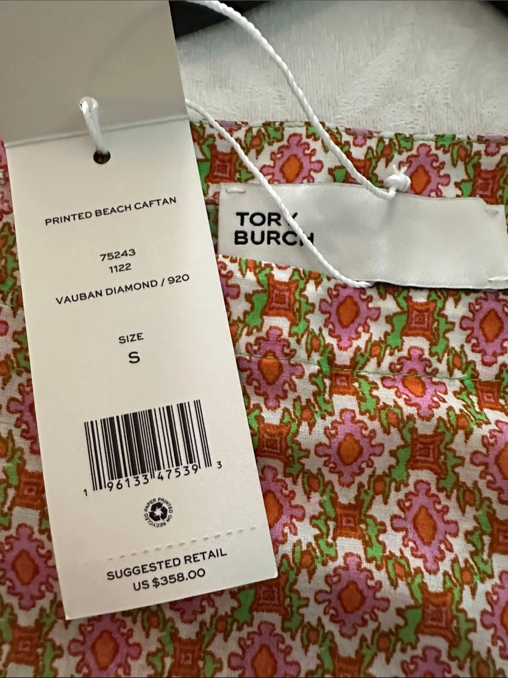 NWT Tory Burch Vauban Diamond Printed Cotton Silk Beach Caftan Cover Up Small